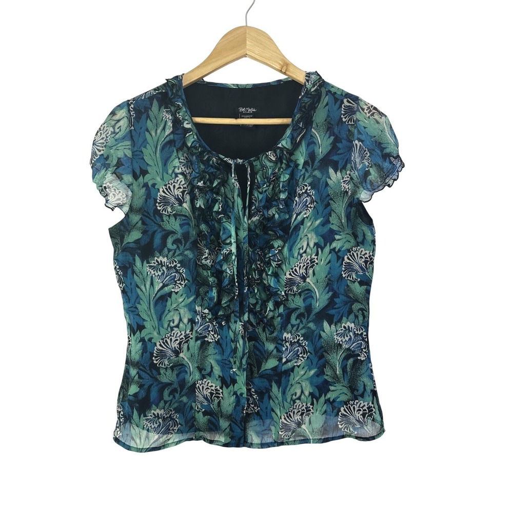 Bob Mackie Studio Blouse‎ Womens 12 Ruffled Neck Keyhole Tie Blue Green Floral